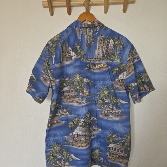 Island Shores Hawaiian Shirt Mens Medium Blue Tropical Palm Tree Beach Aloha - Picture 5 of 10